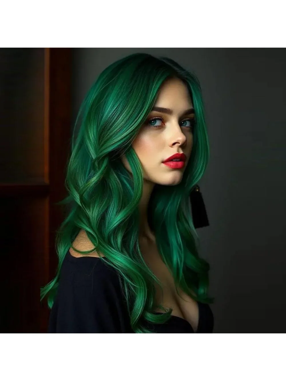 Women's Green Long Blonde Wavy Synthetic Platinum Layered Classic Wigs